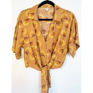 Autres Filles Tie Front Crop Top M Mustard Yellow Floral Boho Festival Retro